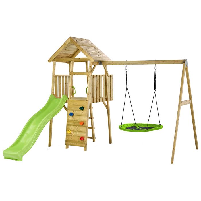KANGUI Aire de jeux portique en bois WOODI - Double balançoire et nid Ø100cm toboggan mur descalade cabane échelle