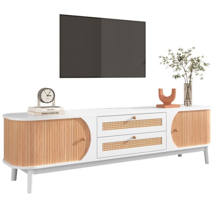 MODERNLUXE Meuble TV 170x40x46cm garniture en bois massif et rotin deux tiroirs deux portes style Scandinave blanc