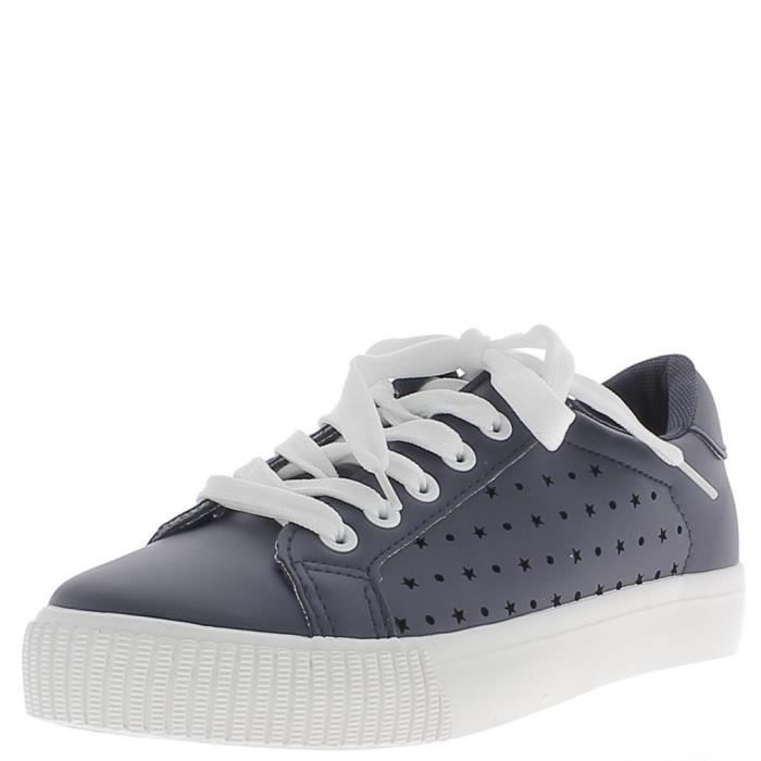 Baskets ville femme bleues aspect cuir brillant avec semelle blanche  ajourées étoiles et ronds - Couleur:Bleu Pointure: Bleu - Cdiscount  Chaussures