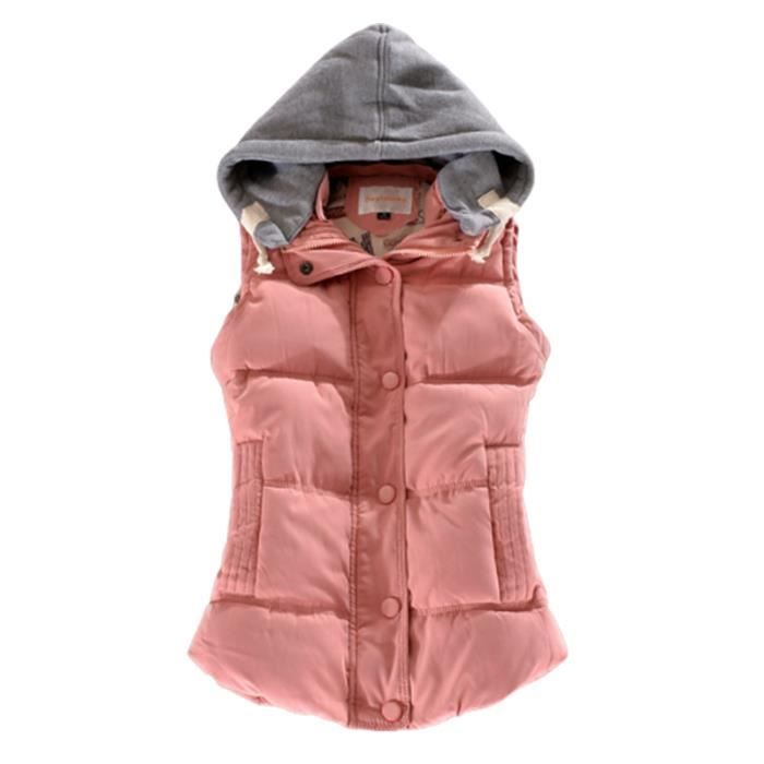 Doudoune Femme,Doudoune Sans Manches Ultra Légère Zippée Hiver,Doudoune En Duvet Duvet Couleur Unie à Capuchon-Rose