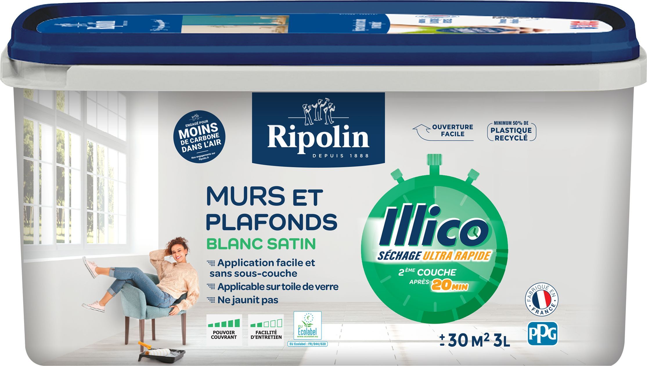Ripolin Peinture murs et plafonds - Blanc - Satin - Illico - 3 L