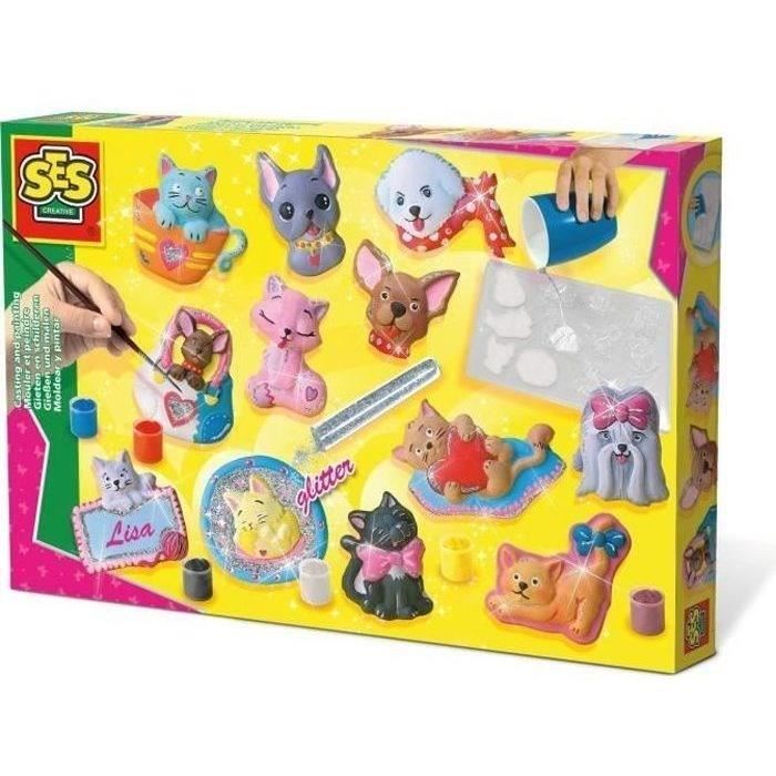 SES CREATIVE - Moulage en plâtre chiens et chats - Jaune, vert et rose -  Enfant - Plus de 5 ans - Cdiscount Jeux - Jouets