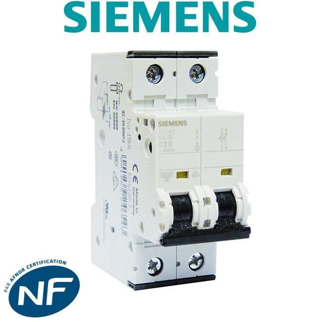 Disjoncteur bipolaire - SIEMENS - 20 A - Courbe C - Protection contre les surtensions - IP20