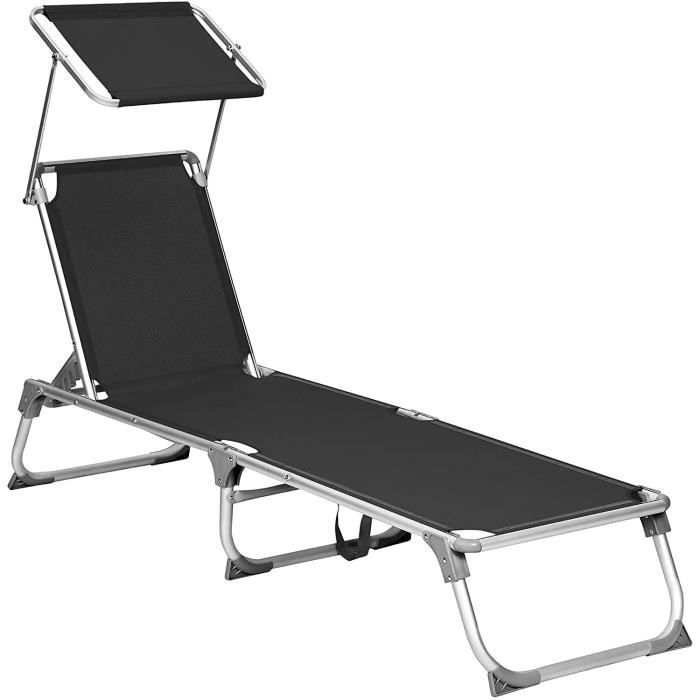 songmics chaise longue, bain de soleil, transat de relaxation, avec dossier et parasol inclinables, pliable, 55 x 193 x 31 cm, noir
