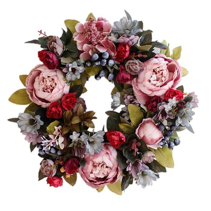 Couronne De Noël Artificielle Luxe 60 Cm – Feuillage Soie, Baies Rouges, Base Tissée Naturelle, Décoration Porte Ou Mur - 6