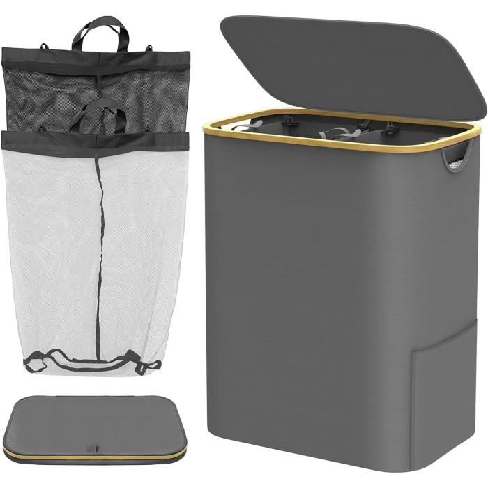 Panier à Linge 150L 3 Sections Avec Couvercle - Bambou Et Sacs Amovibles