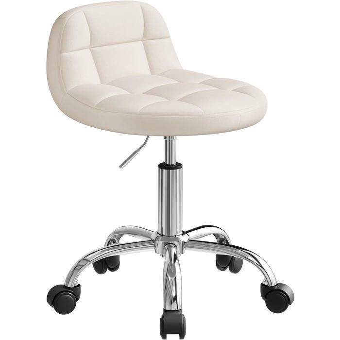 Tabouret de bureau en velours crème blanc - WOLTU - Réglable en hauteur 43 5-55 cm - Pivotant à roulettes - Dossier bas