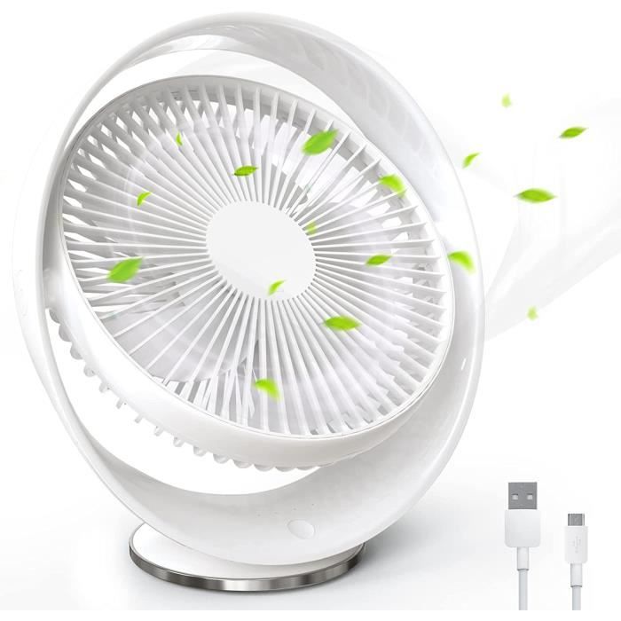 Petit Ventilateur de Table - Blanc - Rechargeable 2000 mAh - Silencieux - 3 Vitesses - Tilt Head - Zgeer