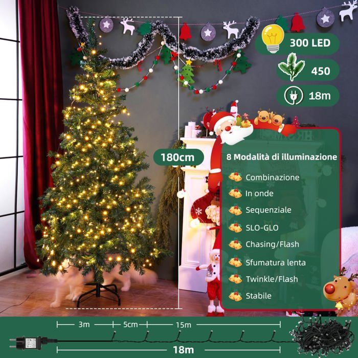 Guirlande Sapin Artificiel 180 Cm Avec 60 LED – 8 Modes – Minuterie – 100% PE – Pour Noël Intérieur/extérieur