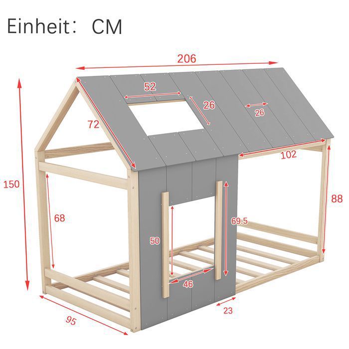 Lit Cabane Enfant 90x200 Cm Mi-Hauteur - Bois Massif, Avec Toit, Fenêtre Et Rangement Modulable - Sans Matelas - Blanc/Gris/Brun - Poids Max 120 Kg