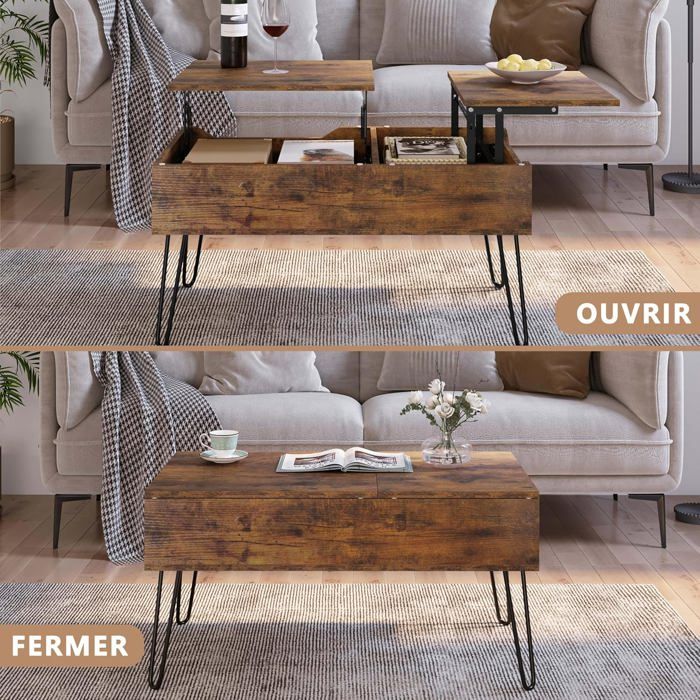 Table Relevable Noire Table Basse Relevable VOWNER 3 En 1 - Noir Grain De Bois - Rangement Caché - Convertible Table à Manger Table Relevable Bureau