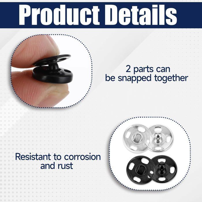 Lot de 150 boutons-pression en métal - Sans couture - 9,5 mm
