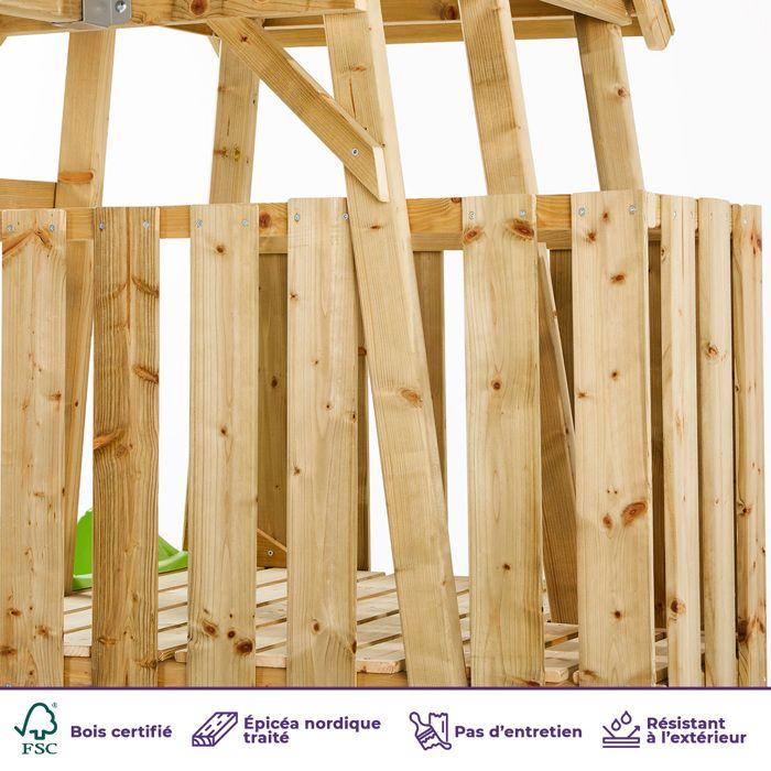 KANGUI Aire de jeux portique en bois WOODI Double balançoire, toboggan, mur d'escalade, cabane, échelle - Balançoire et portique multi-activités - Achat & prix