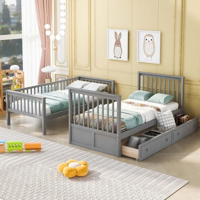 Lit Superposé Enfant 90x200 Cm Avec 1 Tiroir Et Bibliothèque De Rangement, Pin Et MDF, Gris