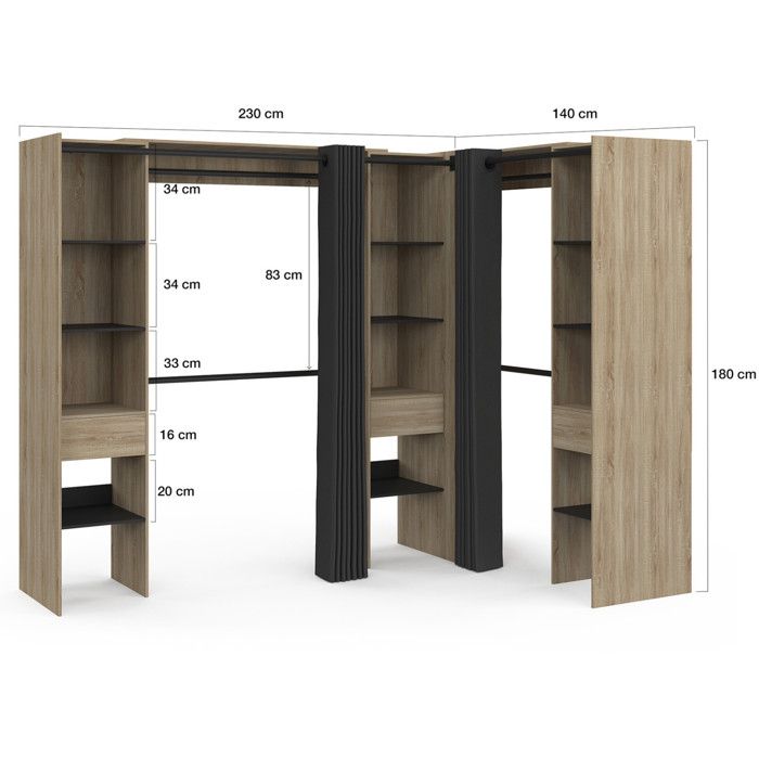Dressing Rideaux IDMARKET Dressing extensible d'angle MARLON 230 x 140 x 180 cm hêtre ...