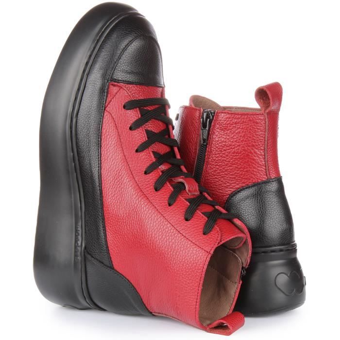 Wonders Maya Bottines compensees en cuir a lacets et a fermeture laterale pour femmes en rouge noir Rouge Noir 39