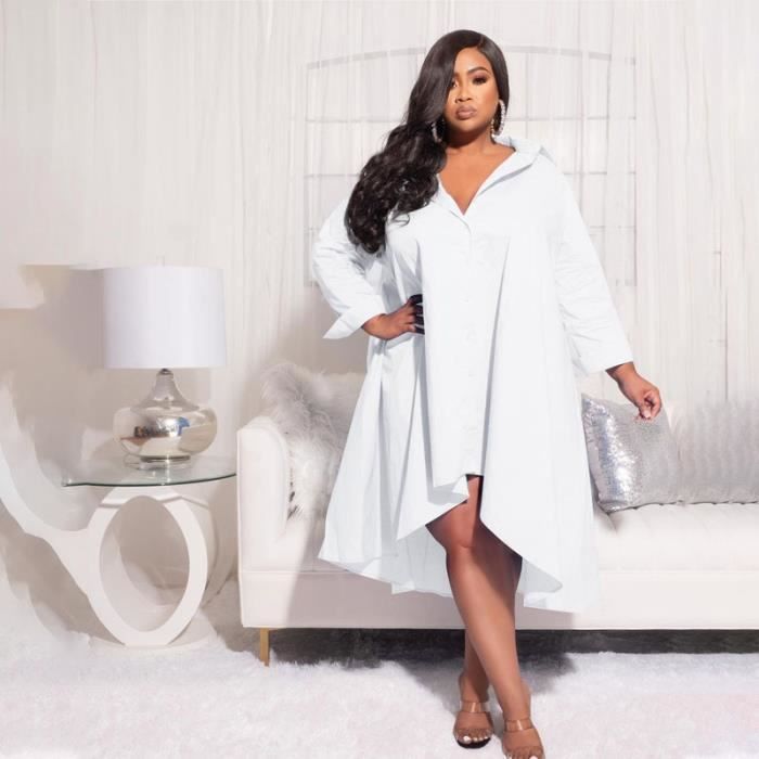 Robe Chemise a Smock Irreguliere a Manches pour Femme CM.YAYA Grande Taille Simple Boutonnage Vintage Blanc Cdiscount Pret a Porter