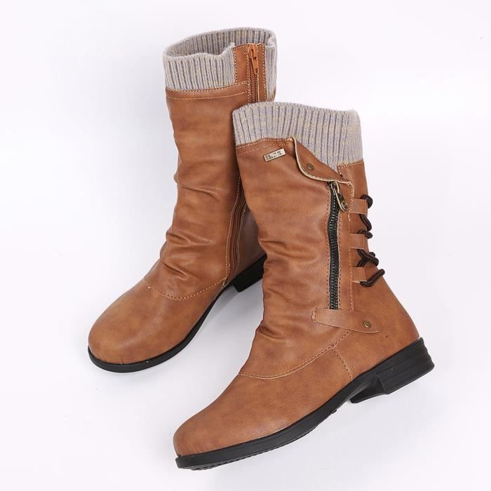 Bottes Femme Vintage Hiver Fermeture clair Mi Mollet Lacets