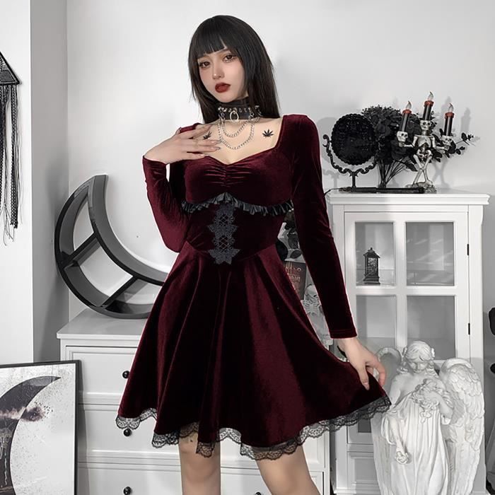 Robe gothique femme a manches longues evider dentelle Patchwork robe de soiree punk Vin Vin Cdiscount Pret a Porter