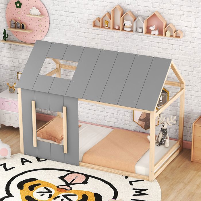 Lit Cabane Enfant 90x200 Cm En Forme De Maison - Cadre Pin Et MDF - Gris - Pour Chambre D'Enfant Créative