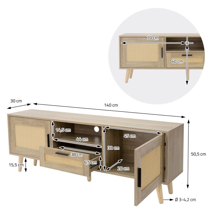 Tv-meubel Stonegrace Acacia natuur 240 cm 2 deuren 1 legplank 2 laden steenfineer zwevend lowboard