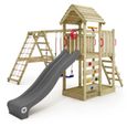 WICKEY Aire de jeux Portique bois RocketFlyer avec balançoire et toboggan anthracite Maison enfant extérieure avec bac à sable-0