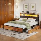 BLANKETSWARM Lit adulte 160x200 cm - MARQUE - Structure métal et bois - 4 tiroirs - Éclairage LED - Similicuir noir