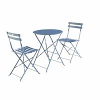 Salon de jardin bistrot pliable - Emilia rond bleu grisé - Table Ø60cm avec deux chaises pliantes. acier thermolaqué