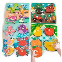Wooden Toddler Puzzles 8.6 * 8.6 Inch, Large Size Peg Puzzles, 4 Pcs Animal Patterns, Infant Kid Fine Motor Skill Montessori Toddler