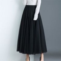 Jupe longue plissée en tulle pour femme,taille haute élastique,vêtements d'été élégants pour femme,noir,gris,blanc- Black[B3756]