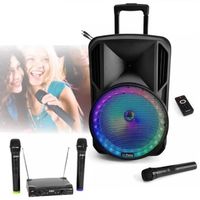Enceinte Mobile Karaoke Autonome USB Bluetooth Tuner PARTY-12RGB 700W - Chariot - 3 Micros sans fil - Discours - Animation - Ecole