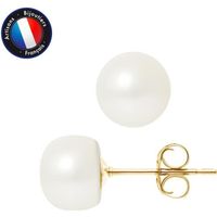 PERLINEA - Boucles d'Oreilles - Véritables Perles de Culture d'Eau Douce Boutons 8-9 mm Blanc Naturel - Or Jaune - Bijoux Femme
