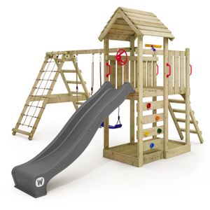 BALANÇOIRE - PORTIQUE WICKEY Aire de jeux Portique bois RocketFlyer avec balançoire et toboggan anthracite Maison enfant extérieure avec bac à sable