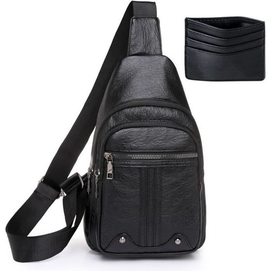 Sacoche Cuir Pu Multiple Poches Sac Bandoulière Femme Kasgo - Cuir PU Multiple Poches - Sangle Réglable 32-48 Pouces - Noir Sac Main Cuir Pu