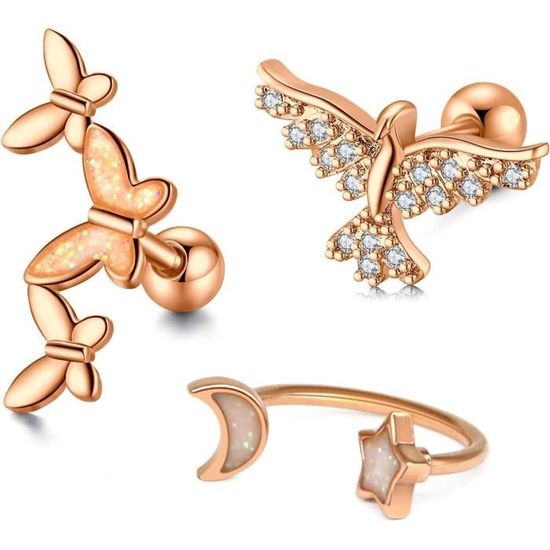 Diamday 8 Pièces Boucles D'Oreilles Cartilage 16G Pour Femmes Et Filles - Acier Inox 316L, Helix Conch Daith Tragus Avec Opale CZ Et Feuille - Bijoux Piercing Oreille Esthétique Et Hypoallergénique