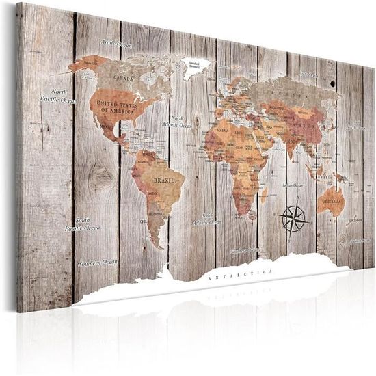 Carte Du Monde Toile Avec Liège - Tableau Épingles Voyages - Planisphère Bleu Océan 120x80 Cm - LANA KK