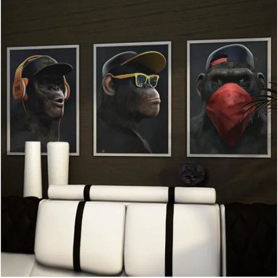 Set De 3 Affiches Graffiti Abstrait Singe 50x70 Cm - Toile Sans Cadre, Couleurs Vives, Déco Murale Salon, Chambre - Art Moderne Drôle