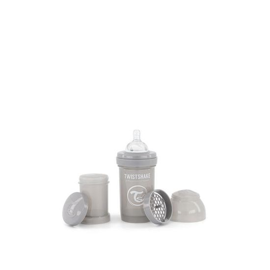 Twistshake Biberon anti-colique avec récipient à lait en poudre et mélangeur - 180 ml - Biberon sans BPA - 0+ mois - Gris