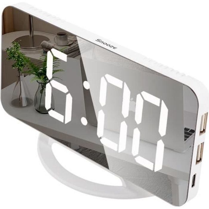 Réveil Numérique, Horloge Numérique LED Horloge Digitale Réveil /Snooze/Écran d'affichage miroir LED/Port de Recharge USB