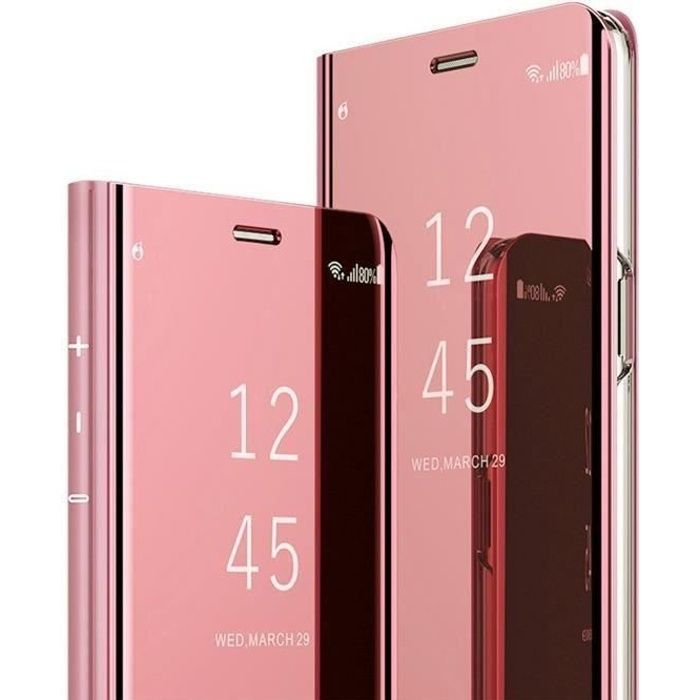 Luxe Coque OPPO Find X3 Lite, Integral Protection Cuir Translucide Clear View Cover Antichoc avec Support, Or rose