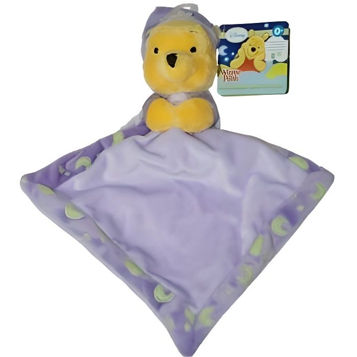 Doudou Plat Disney Winnie l Ourson Brille Dans La Nuit Avec Mouchoir Violet - Peluche Enfant Et Bebe - Naissance - Fille - Garcon