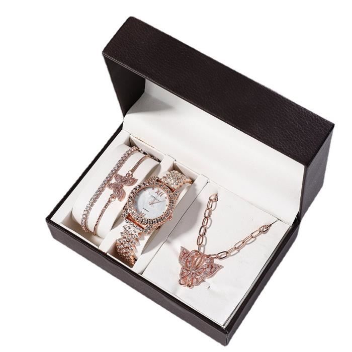 Coffret montre femme + bracelet + collier – papillon diamant or rose bracelet en acier inoxydable mode luxe