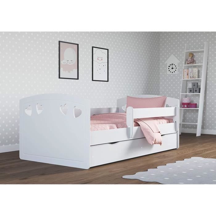 Lit Simple 180x80 cm pour Enfant avec Matelas et tiroir Inclus | Parfait pour Les Filles | Sécurité maximale | 180x80 cm, Blanc