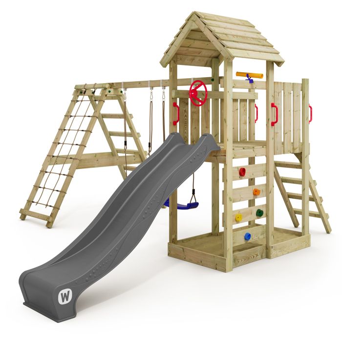 WICKEY Aire de jeux Portique bois RocketFlyer avec balançoire et toboggan anthracite Maison enfant extérieure avec bac à sable