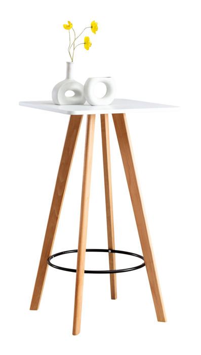 table haute de bar avec plateau carre repose-pieds style scandinave en bois blanc hauteur 105