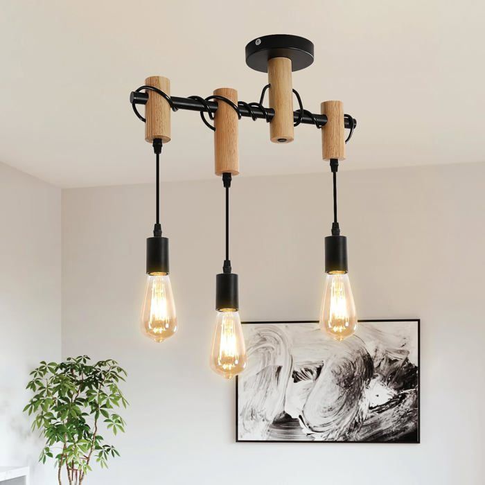 Suspension Luminaire Vintage Industrielle 3 Lampes Zaku Lustre Abat-jour en Métal Bois 160mm