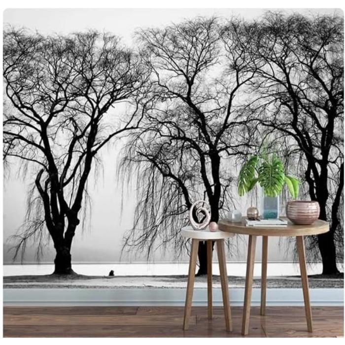 Papier peint 3D noir et blanc arbre paysage mural salon TV chambre ...