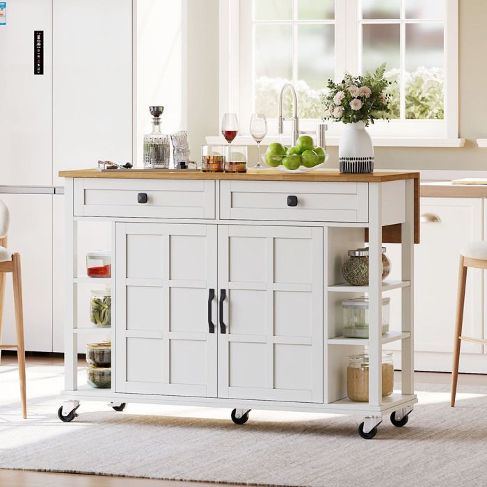 Îlot De Cuisine Mobile Et Extensible Avec Rangement - 126x46.8x94.2 Cm, Blanc, Plateau Rabattable, Tiroirs, Poubelle