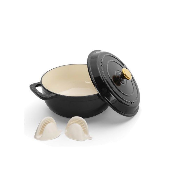 Cocotte - ALIGHTUP - Cocotte Fonte Émaillée ronde Avec 2 Gants de Cuisine en Silicone 28cm - Noir
