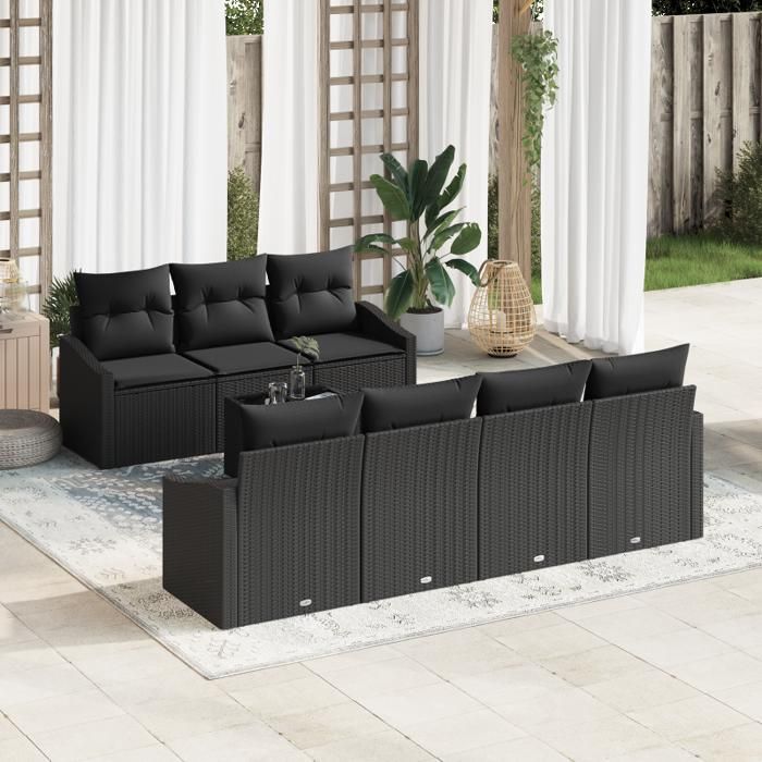Ensemble de salle à manger de jardin - 8 pièces - Coussins épais - Rattan naturel - Rectangulaire